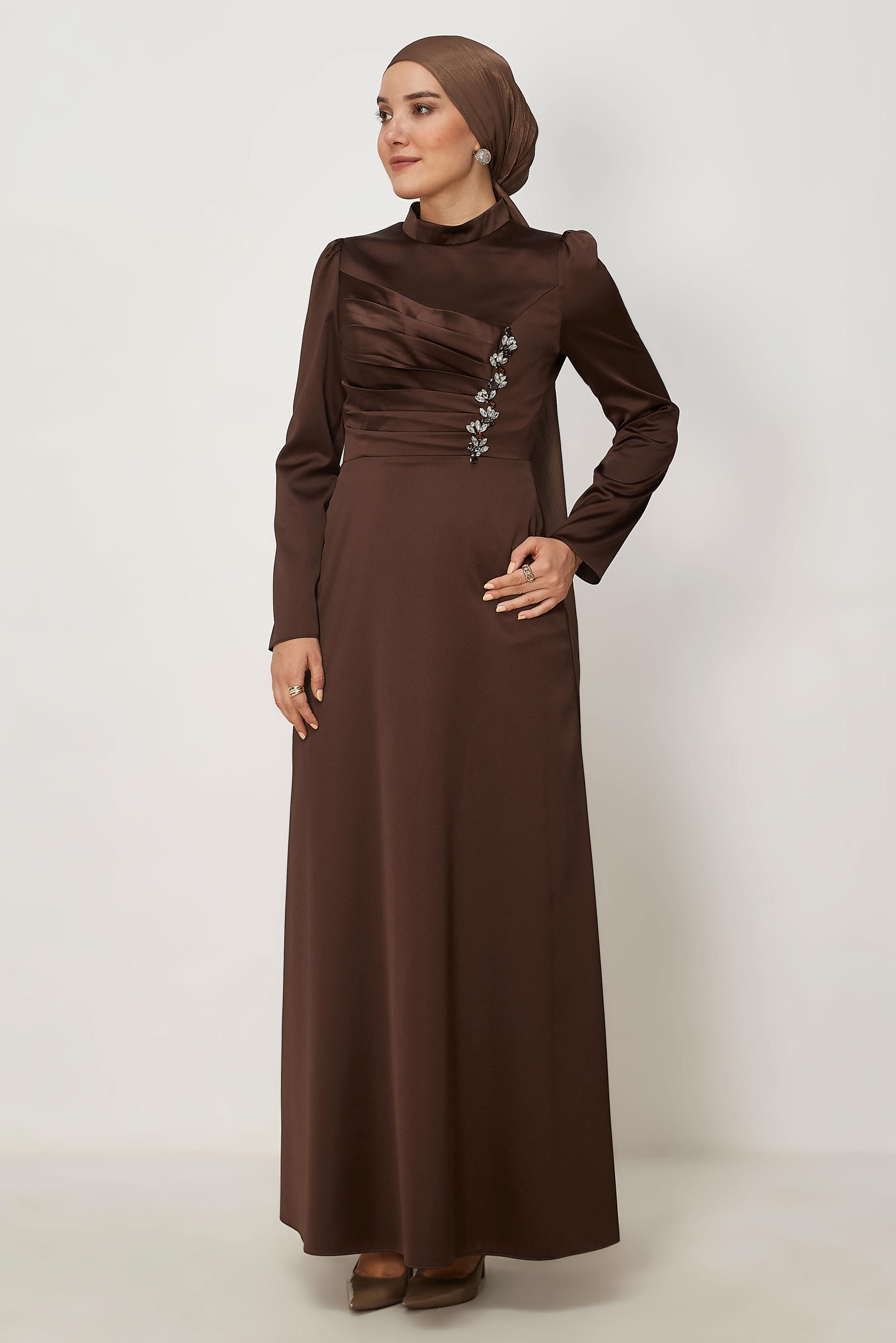 Tesettür giyim KAHVE 46803 MELIN SATEN ELBİSE 38-46 TEK42