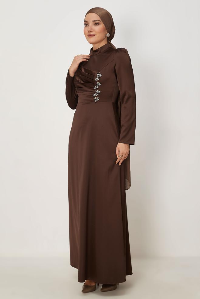 Tesettür giyim KAHVE 46803 MELIN SATEN ELBİSE 38-46 TEK42 - ALVİNA