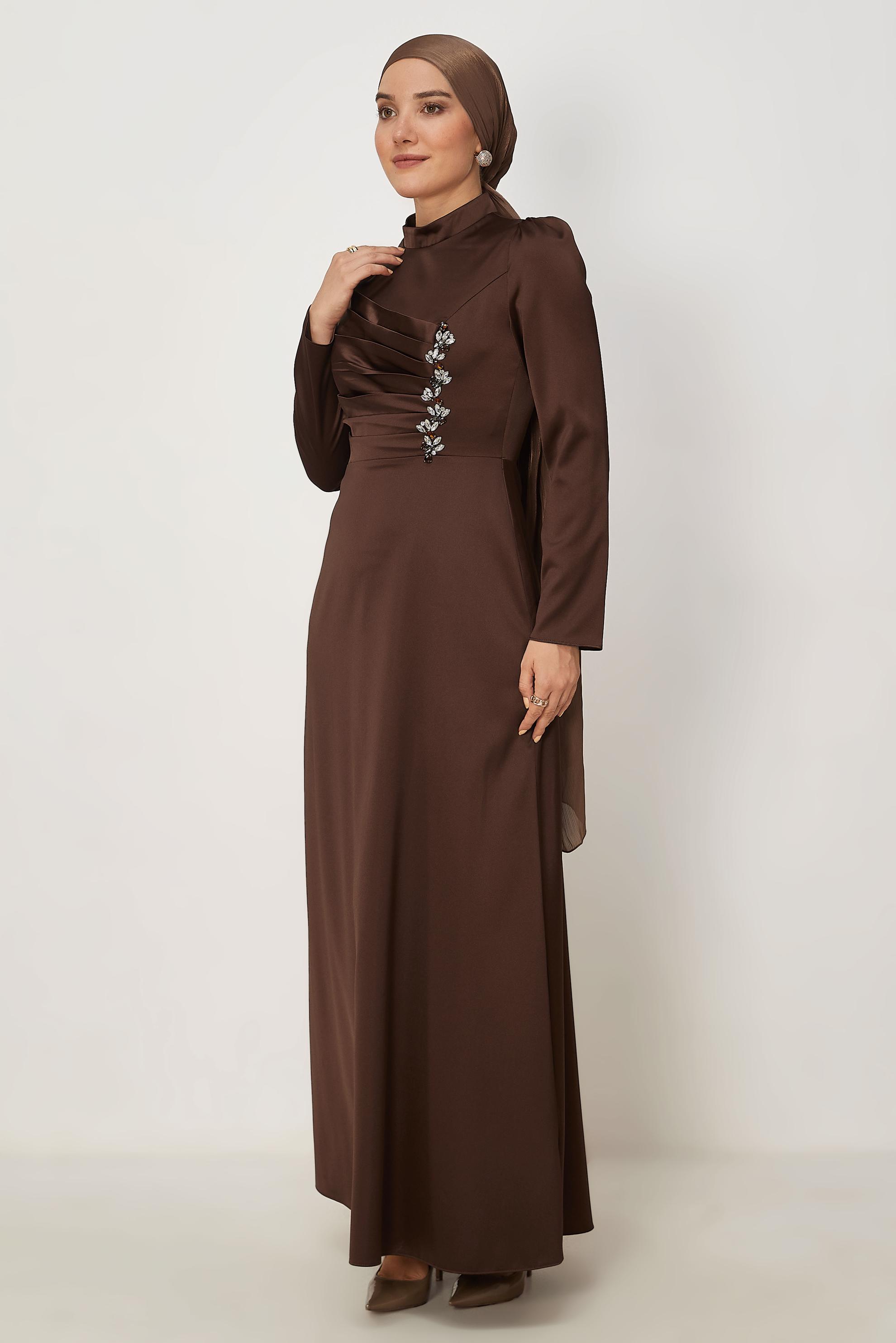 Tesettür giyim KAHVE 46803 MELIN SATEN ELBİSE 38-46 TEK42