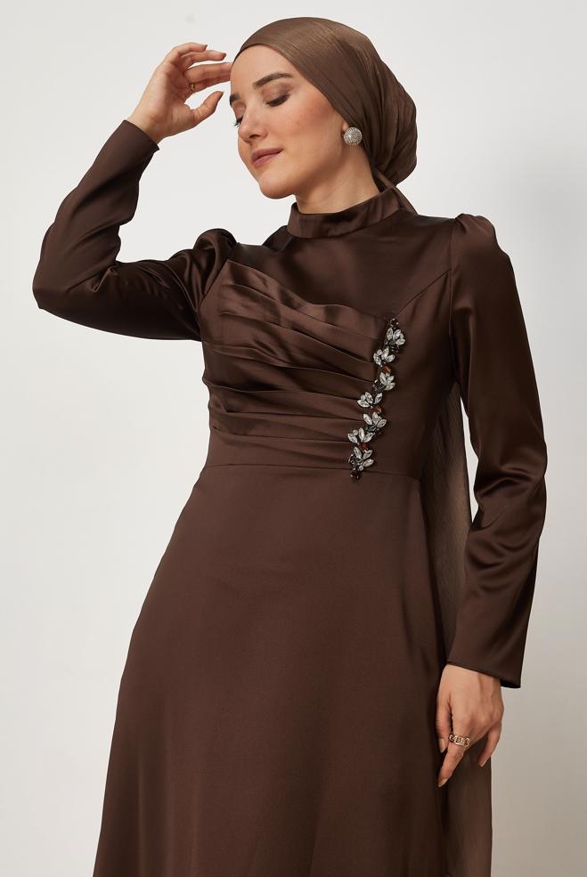 Tesettür giyim KAHVE 46803 MELIN SATEN ELBİSE 38-46 TEK42 - ALVİNA