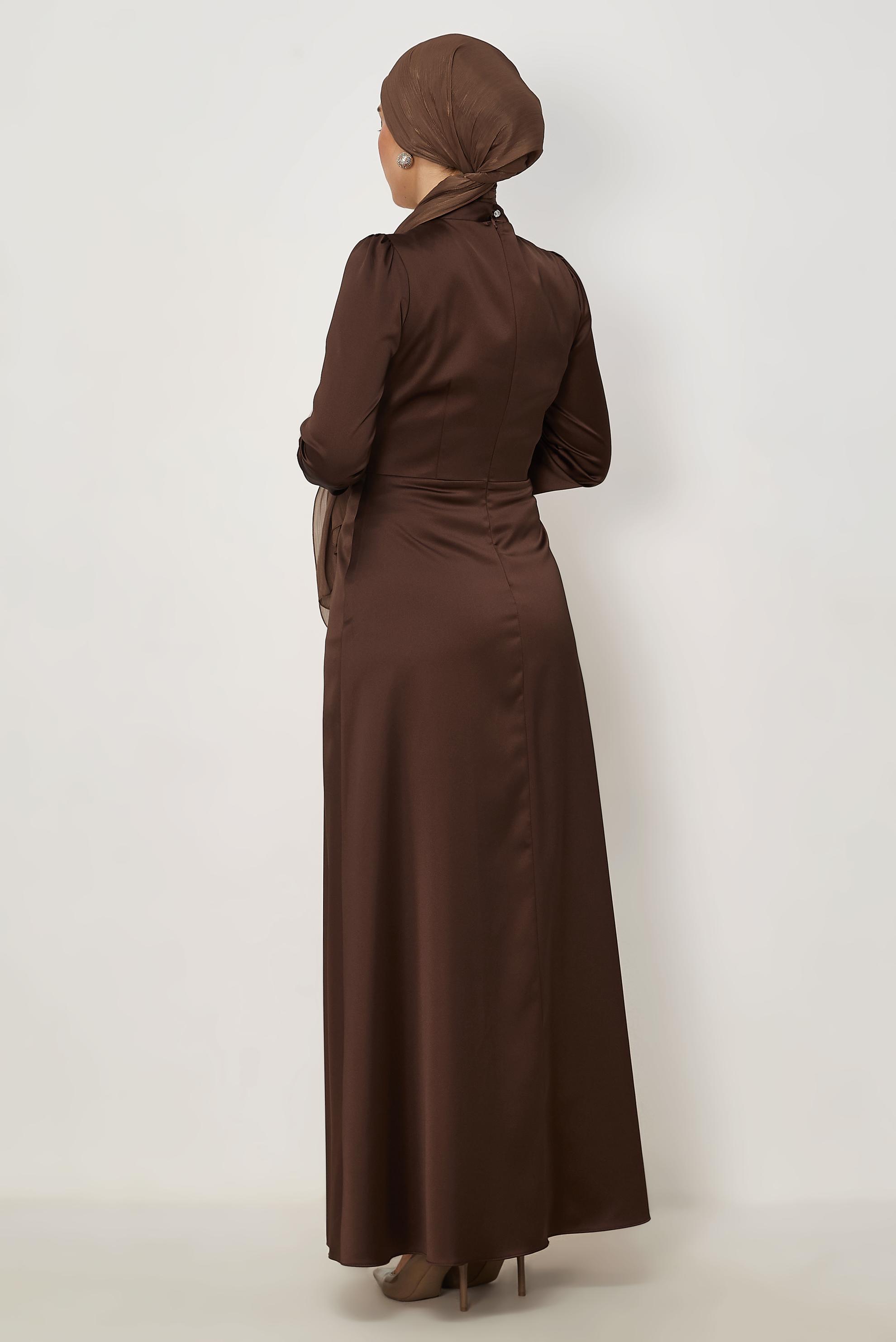 Tesettür giyim KAHVE 46803 MELIN SATEN ELBİSE 38-46 TEK42