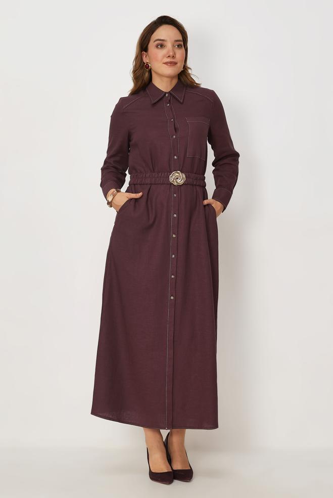 Hijab clothing CLARET RED BELTED SHIRT COLLAR LINEN DRESS 46809 - ALVİNA