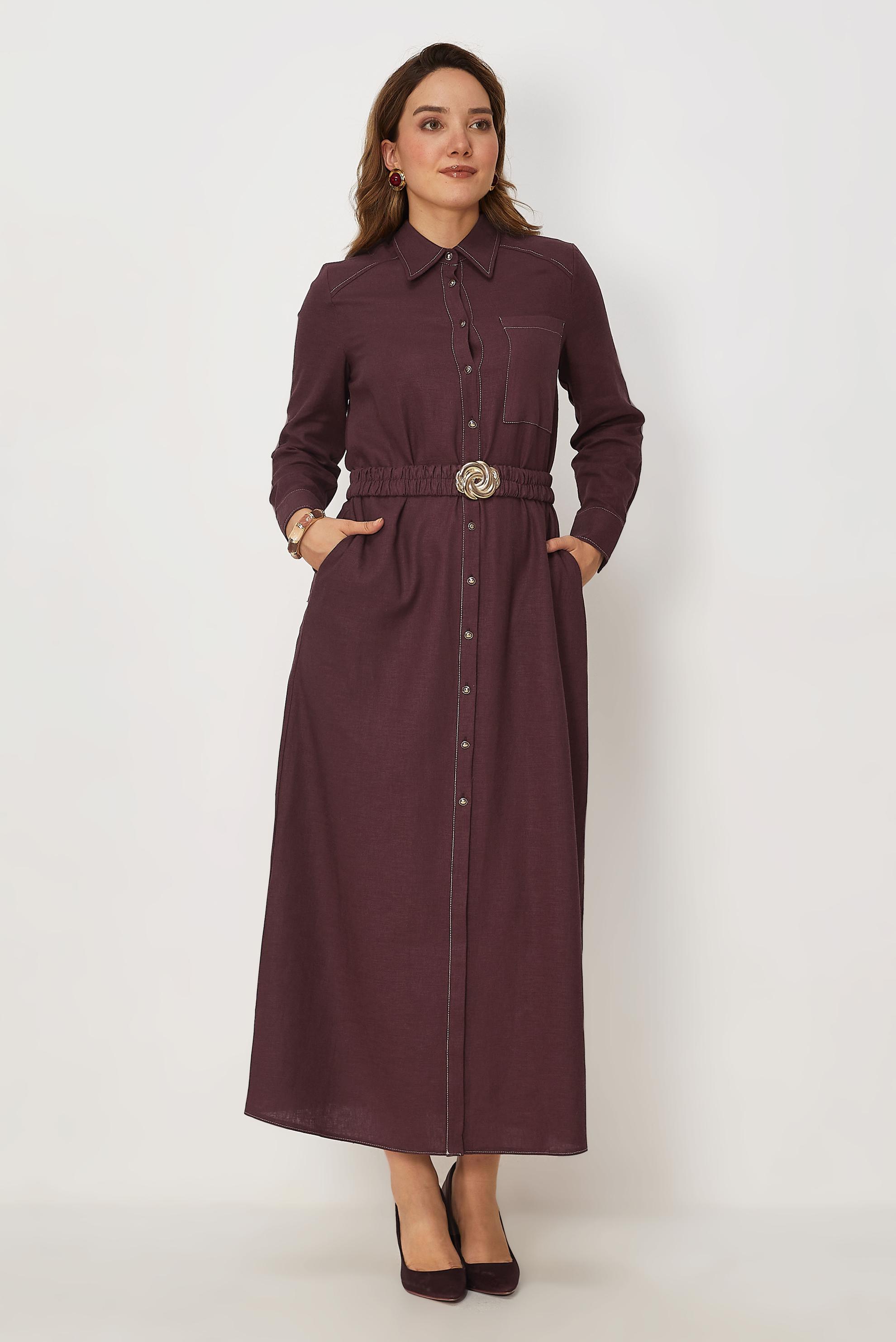 Hijab clothing CLARET RED BELTED SHIRT COLLAR LINEN DRESS 46809