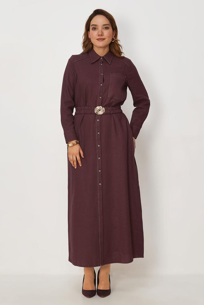 Hijab clothing CLARET RED BELTED SHIRT COLLAR LINEN DRESS 46809 - ALVİNA