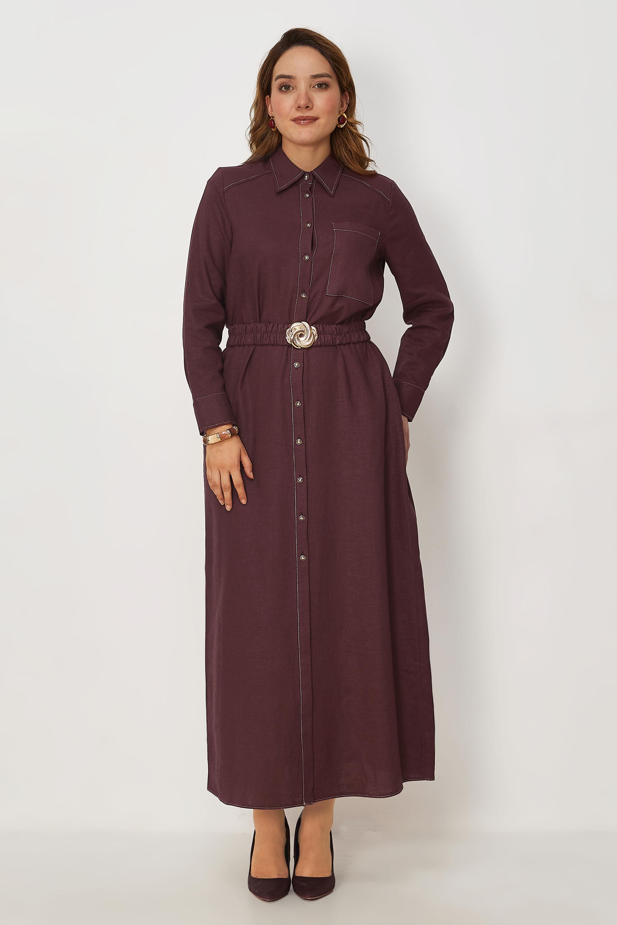 Hijab clothing CLARET RED BELTED SHIRT COLLAR LINEN DRESS 46809
