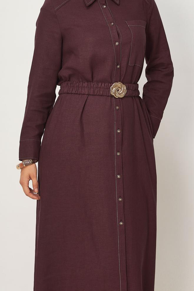 Hijab clothing CLARET RED BELTED SHIRT COLLAR LINEN DRESS 46809 - ALVİNA