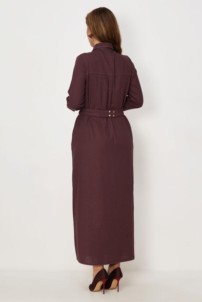 Hijab clothing CLARET RED BELTED SHIRT COLLAR LINEN DRESS 46809 - ALVİNA