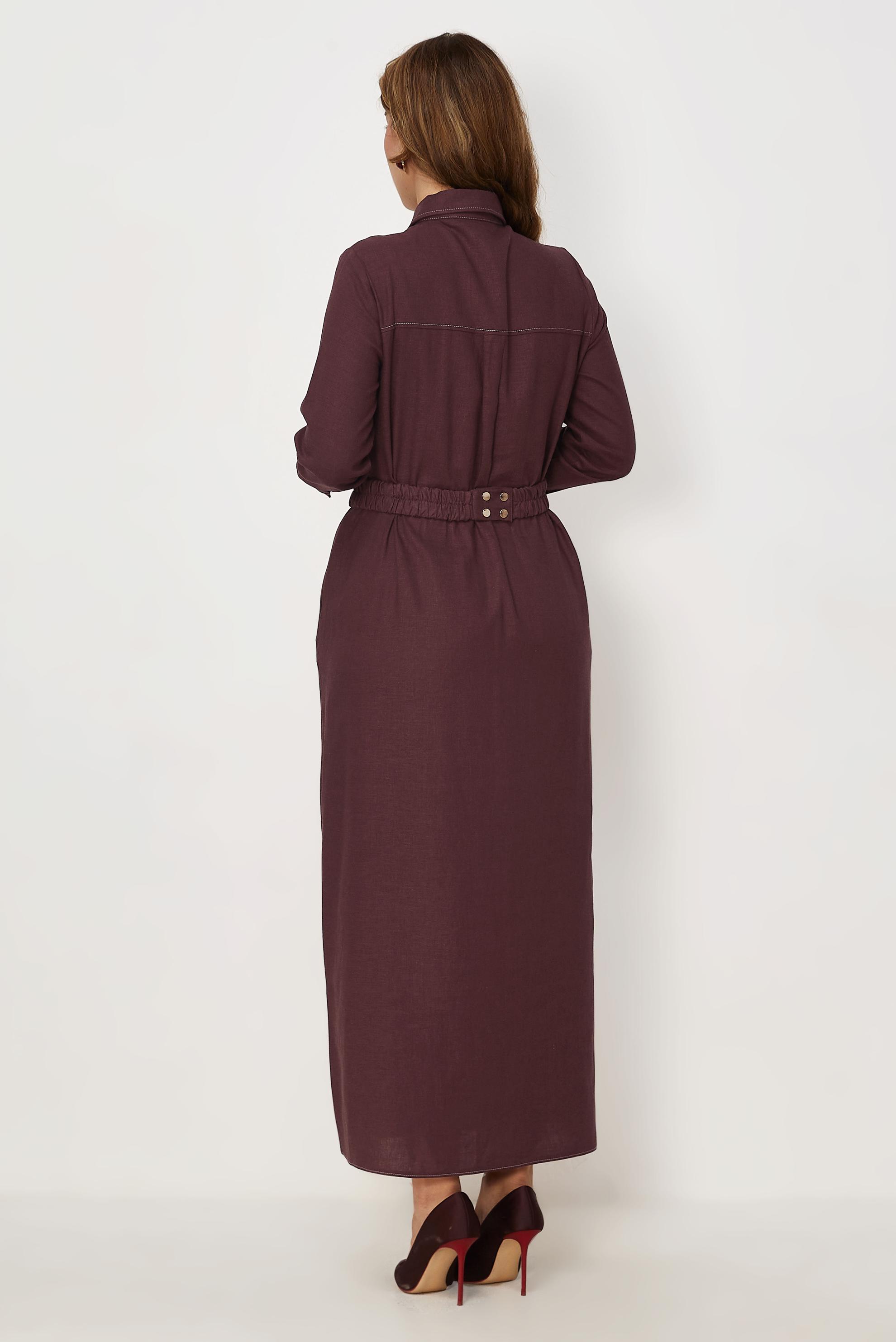 Hijab clothing CLARET RED BELTED SHIRT COLLAR LINEN DRESS 46809