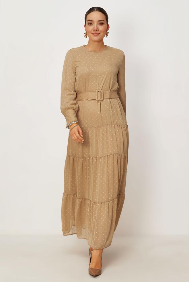 Vêtements hijab BRUN ROBE À POIS CEINTURÉE 46831 - ALVİNA