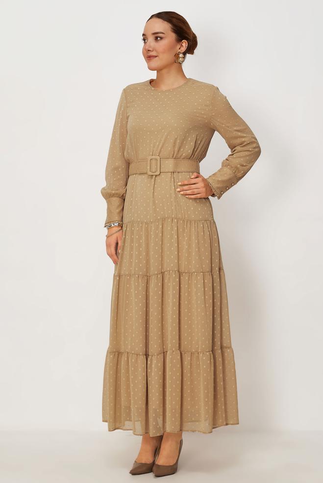 Vêtements hijab BRUN ROBE À POIS CEINTURÉE 46831 - ALVİNA