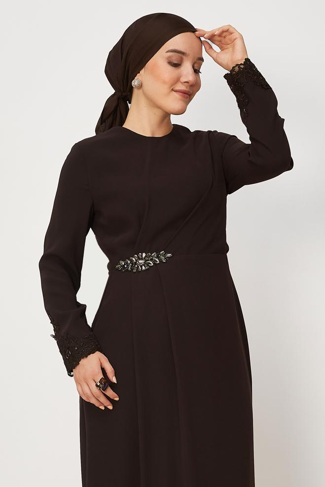 Tesettür giyim KAHVE 46879 NEW SUZANNA ELBİSE 40-46 TEK 38 - ALVİNA