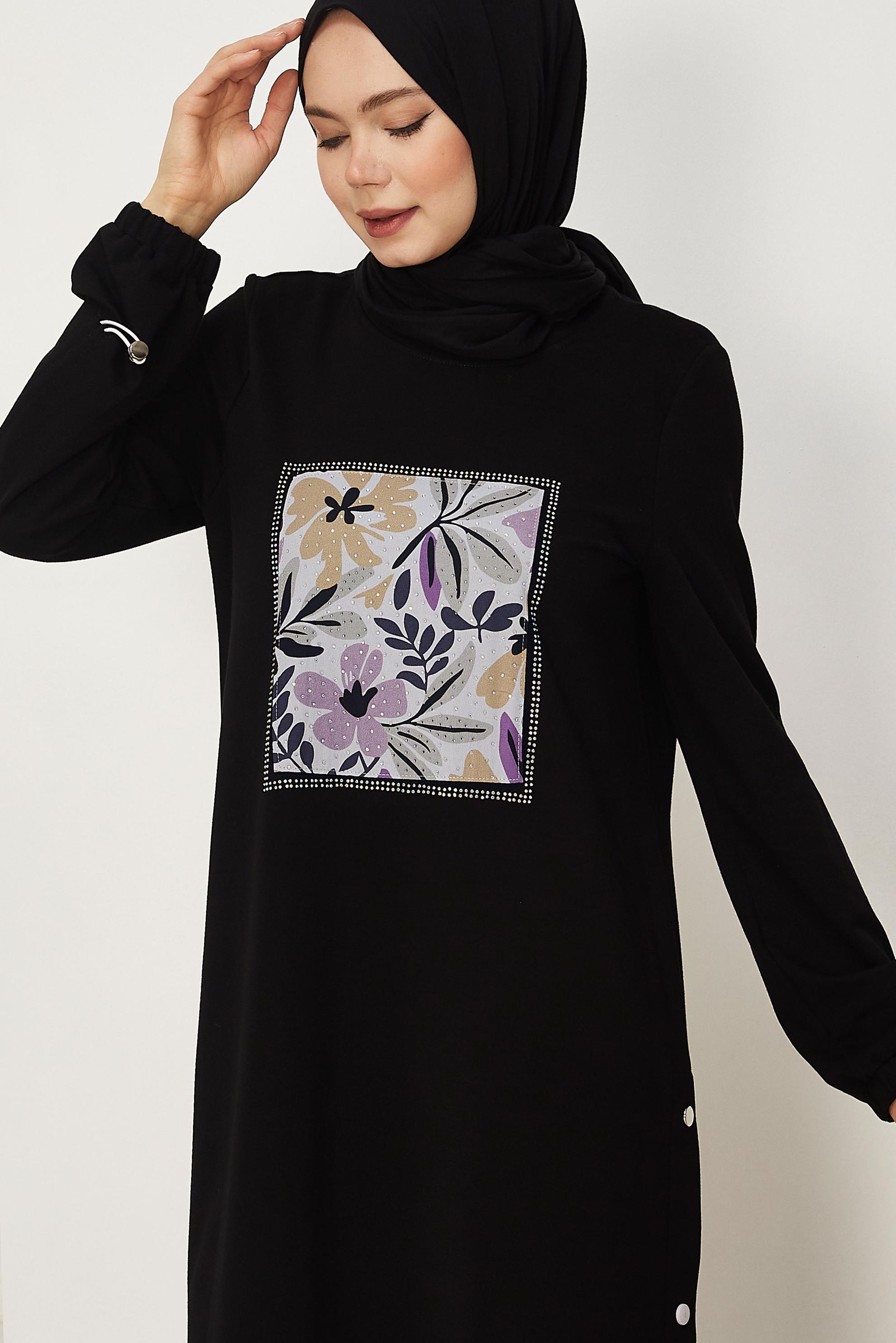 Hijab-Kleidung SCHWARZ TRAININGSANZUGKLEID MIT EDELSTEIN DETAILS 45635