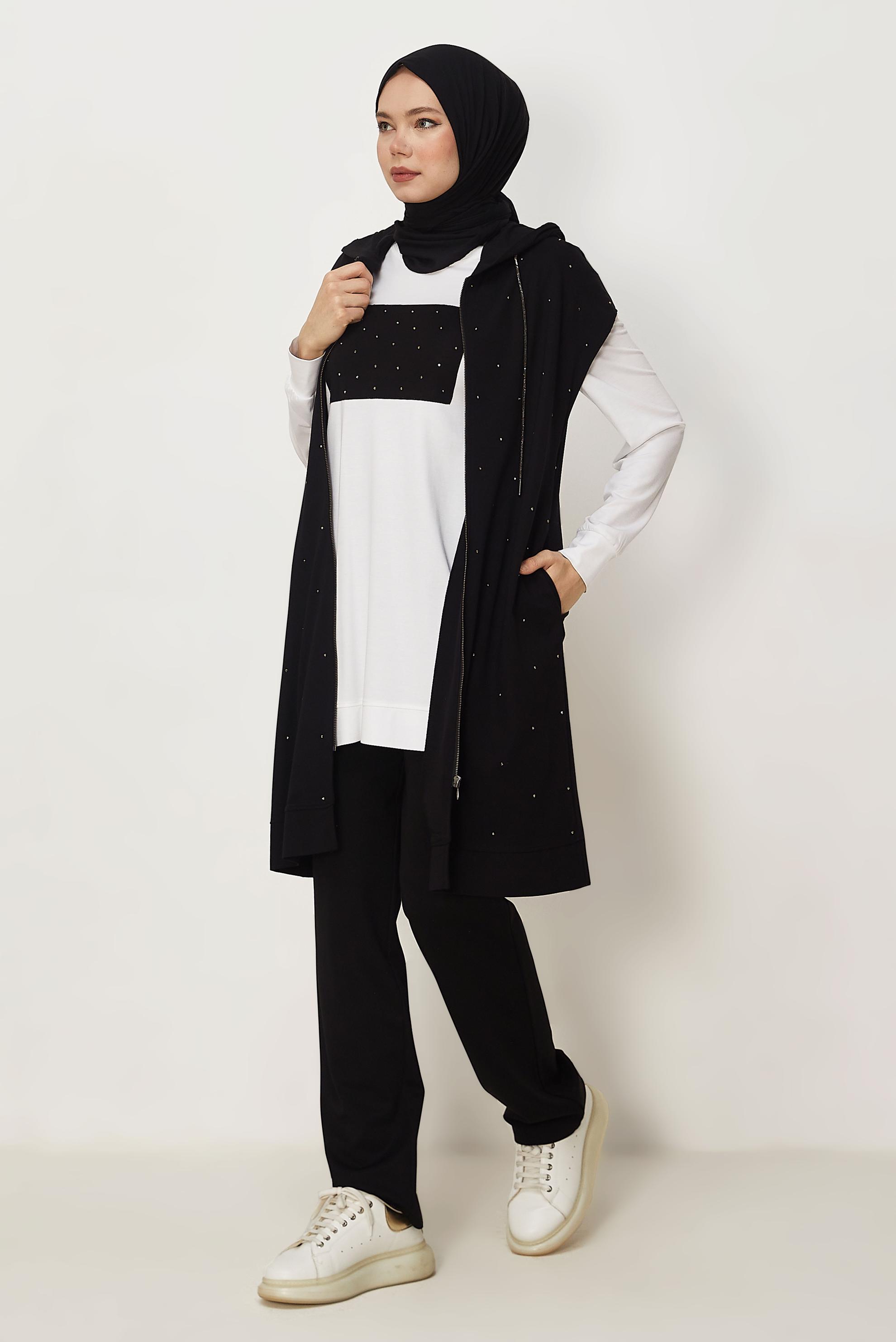 Hijab-Kleidung SCHWARZ DREITEILIGES TRAININGSANZUG-SET 45666