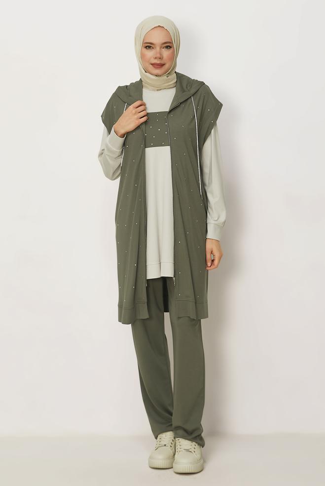 Hijab-Kleidung KHAKI DREITEILIGES TRAININGSANZUG-SET 45666 - ALVİNA