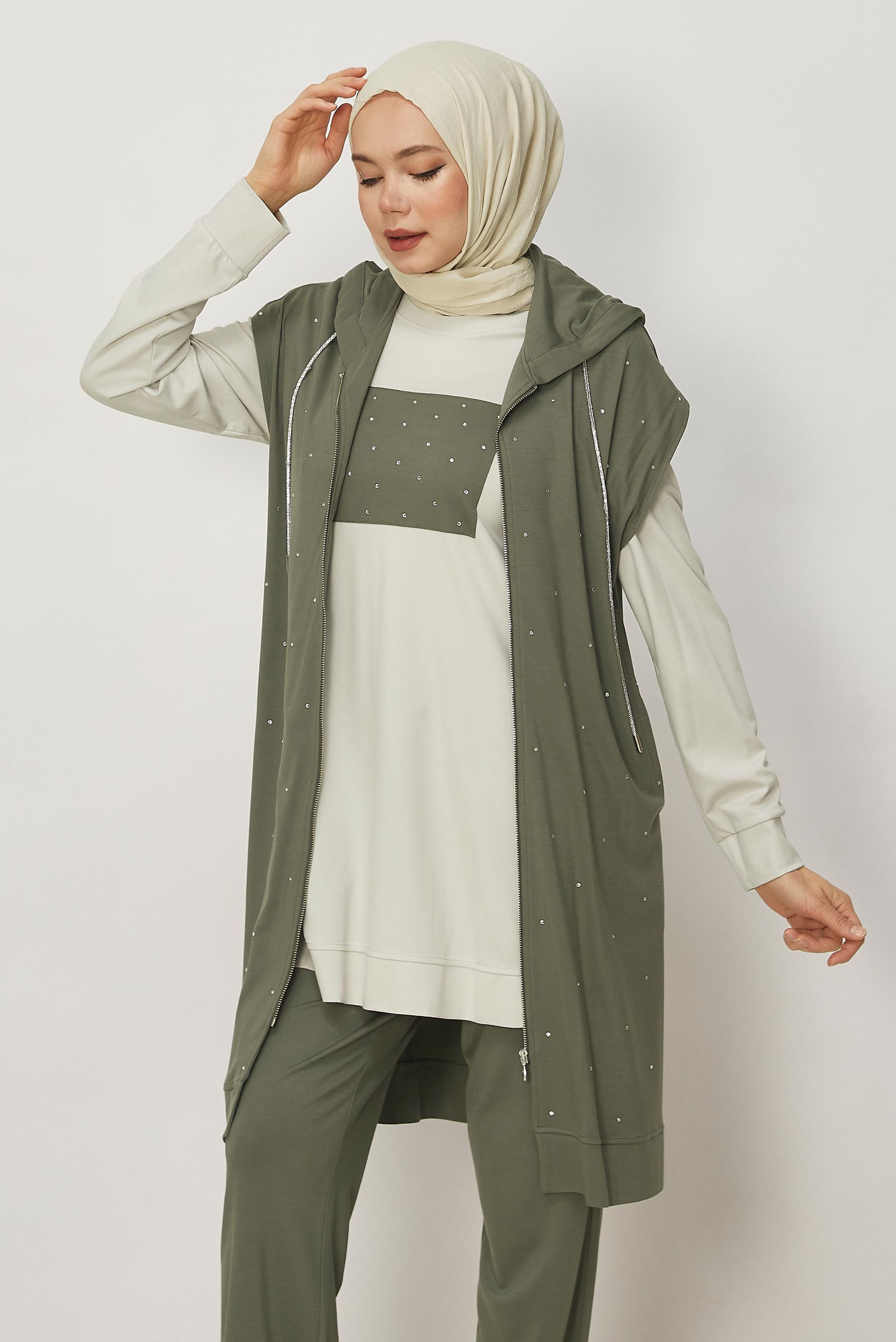 Hijab-Kleidung KHAKI DREITEILIGES TRAININGSANZUG-SET 45666