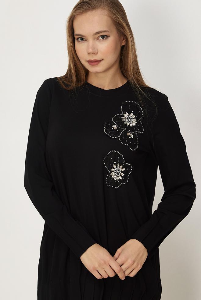 Hijab-Kleidung SCHWARZ TRAININGSANZUG-TUNIKA MIT PERLEN 45740 - ALVİNA