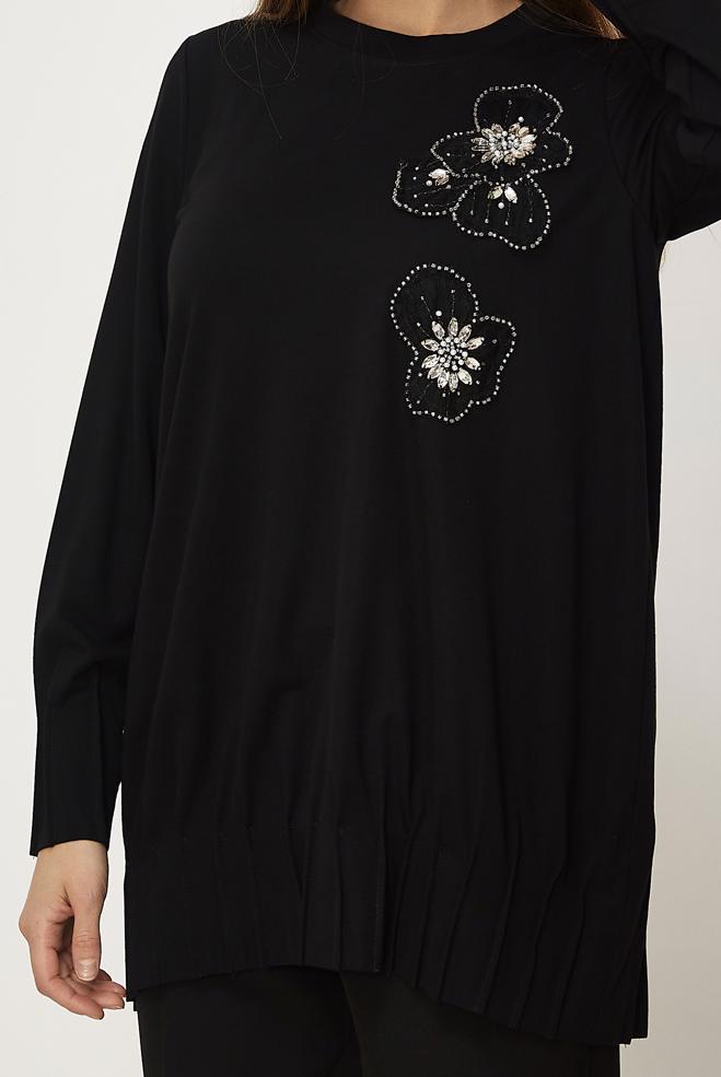 Hijab-Kleidung SCHWARZ TRAININGSANZUG-TUNIKA MIT PERLEN 45740 - ALVİNA