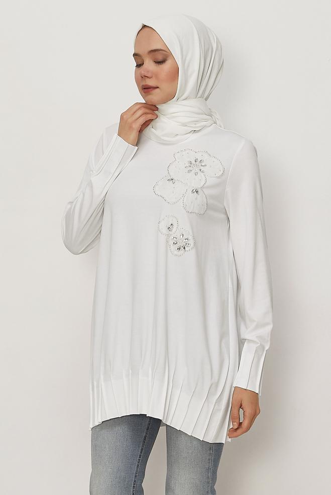 Hijab clothing WHITE GEM AND BEAD DETAILED TRACKSUIT TUNIC 45740 - ALVİNA