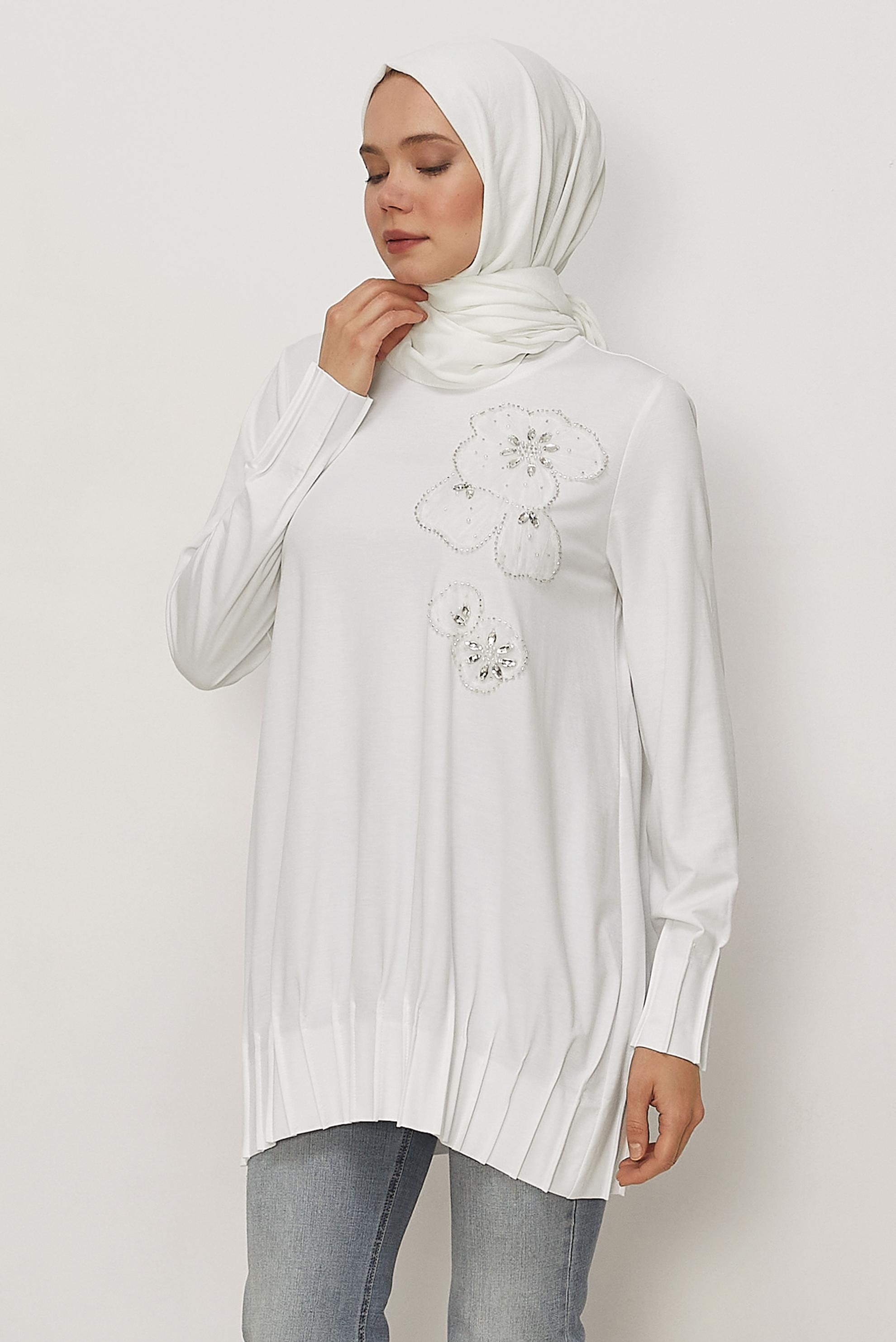 Hijab clothing WHITE GEM AND BEAD DETAILED TRACKSUIT TUNIC 45740