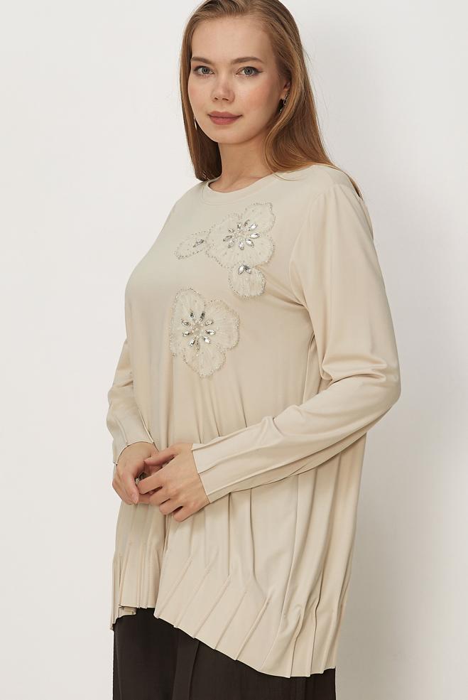 Hijab-Kleidung BEIGE TRAININGSANZUG-TUNIKA MIT PERLEN 45740 - ALVİNA