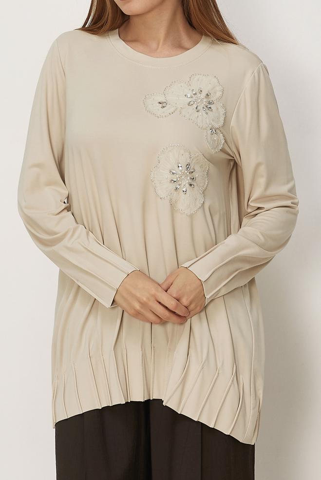 Hijab-Kleidung BEIGE TRAININGSANZUG-TUNIKA MIT PERLEN 45740 - ALVİNA