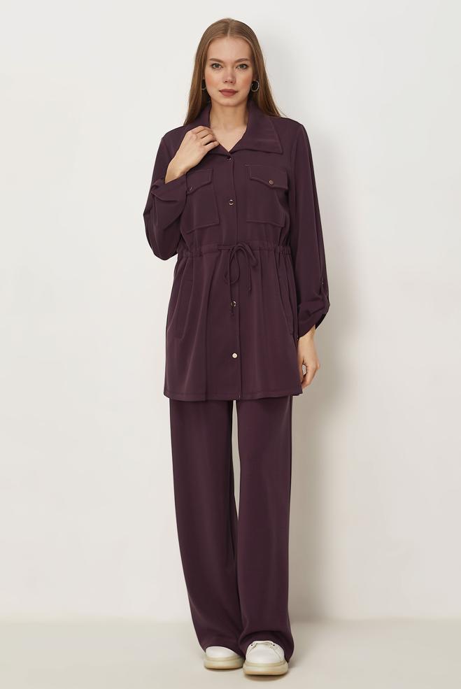 Hijab-Kleidung BURGUND HOSENANZUG MIT GESMOKTER TAILLE 46332 - ALVİNA