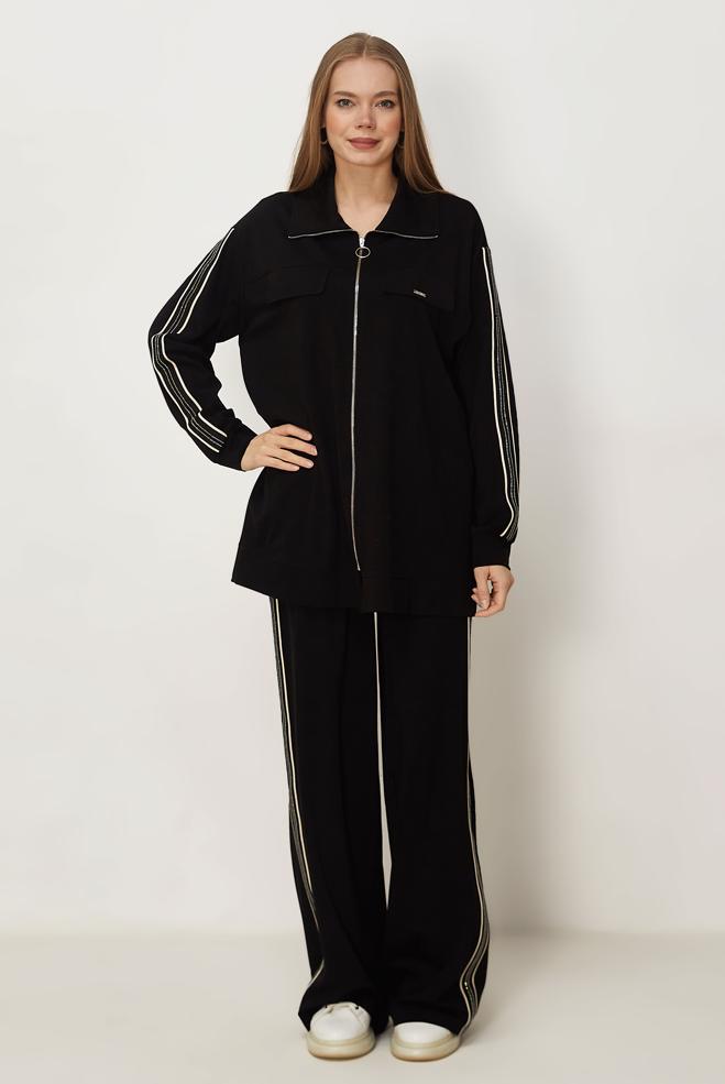 Hijab-Kleidung SCHWARZ TRAININGSANZUG-SET MIT REIßVERSCHLUSS 46333 - ALVİNA