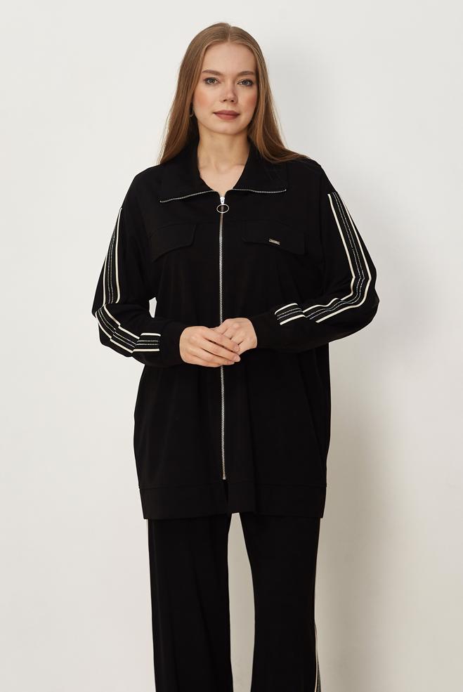 Hijab-Kleidung SCHWARZ TRAININGSANZUG-SET MIT REIßVERSCHLUSS 46333 - ALVİNA