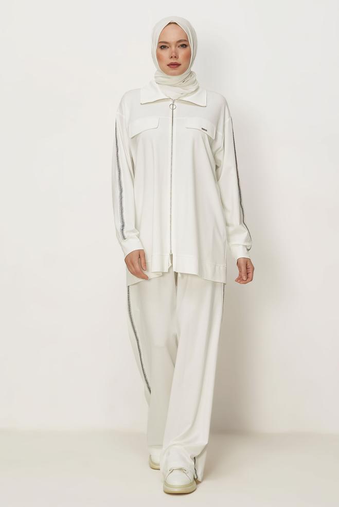 Hijab-Kleidung WEISS TRAININGSANZUG-SET MIT REIßVERSCHLUSS 46333 - ALVİNA