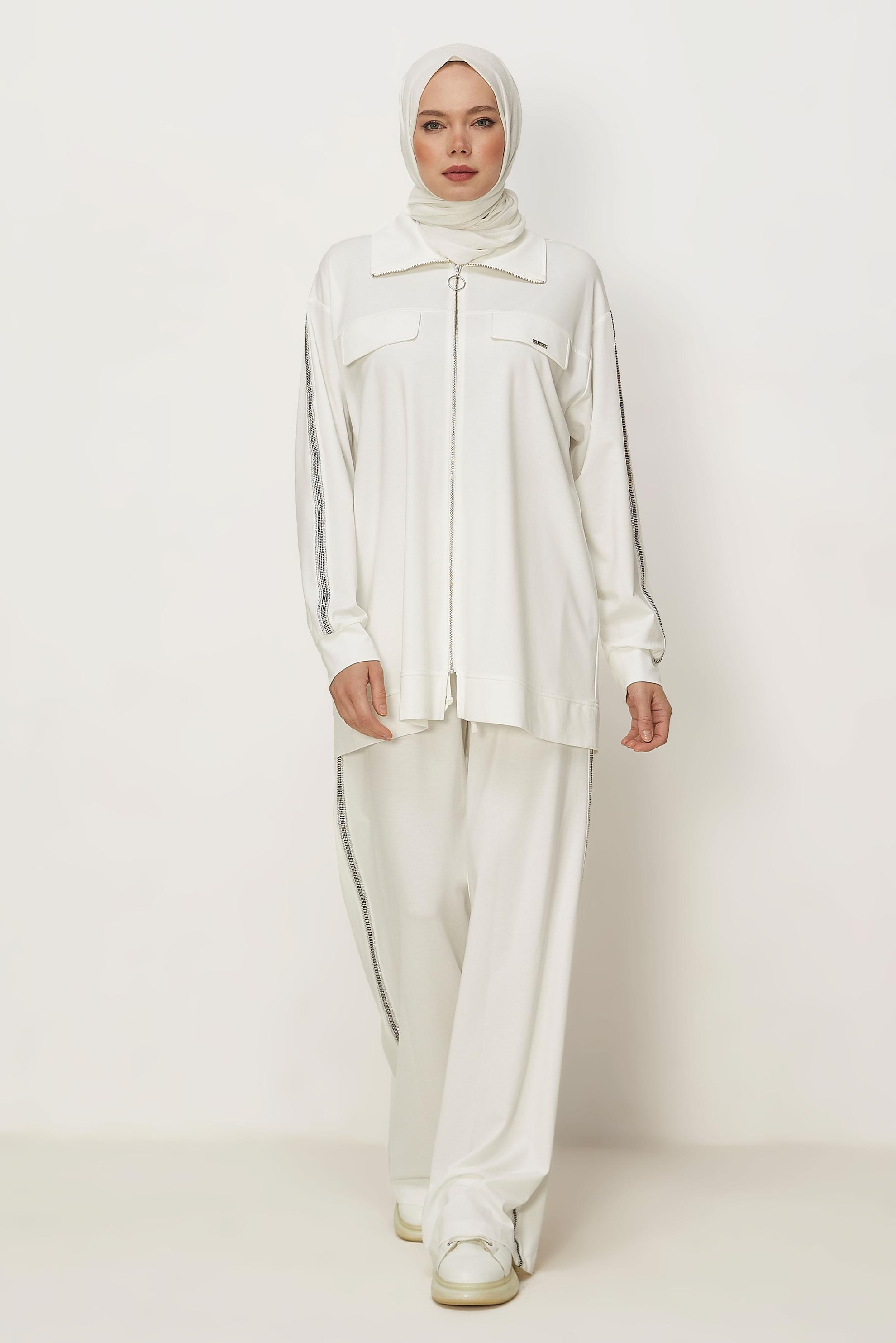 Hijab-Kleidung WEISS TRAININGSANZUG-SET MIT REIßVERSCHLUSS 46333