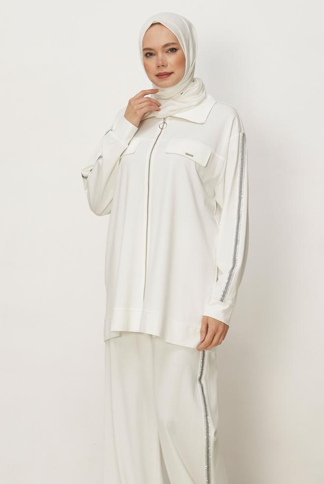 Hijab-Kleidung WEISS TRAININGSANZUG-SET MIT REIßVERSCHLUSS 46333 - ALVİNA