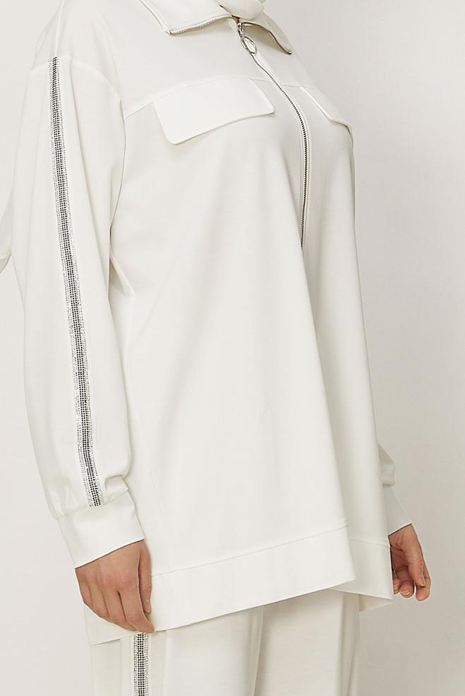 Hijab-Kleidung WEISS TRAININGSANZUG-SET MIT REIßVERSCHLUSS 46333 - ALVİNA