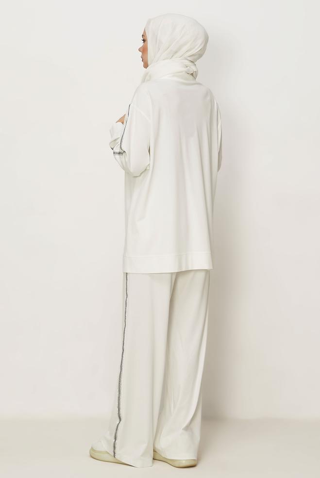 Hijab-Kleidung WEISS TRAININGSANZUG-SET MIT REIßVERSCHLUSS 46333 - ALVİNA