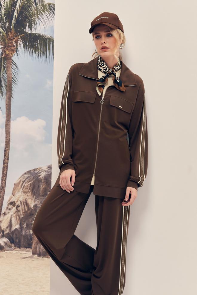 Hijab-Kleidung BRAUN TRAININGSANZUG-SET MIT REIßVERSCHLUSS 46333 - ALVİNA