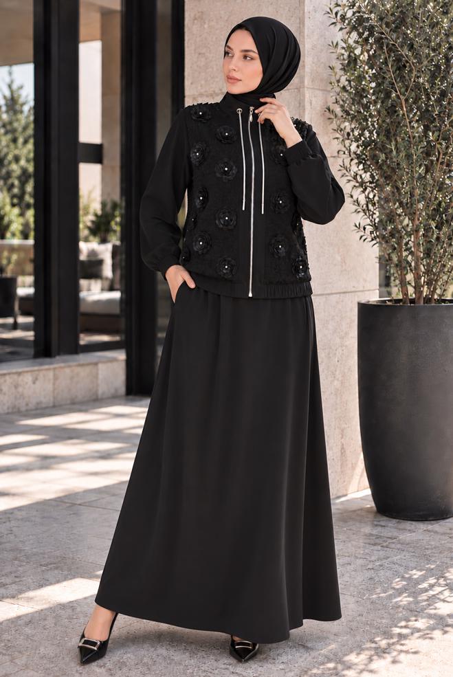 Tesettür giyim SİYAH ETEKLİ EŞOFMAN TAKIMI 46335 - ALVİNA