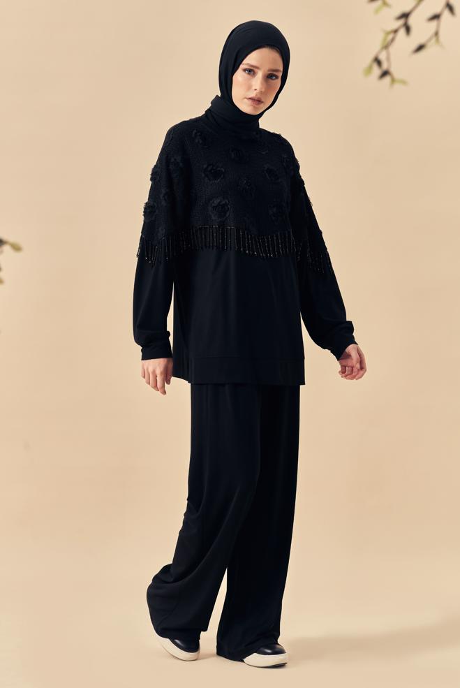Hijab-Kleidung SCHWARZ TRAININGSANZUG-SET MIT PERLENDETAILS 46336 - ALVİNA