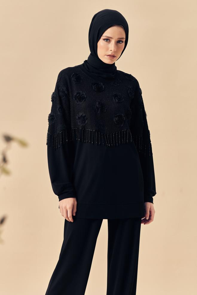 Hijab-Kleidung SCHWARZ TRAININGSANZUG-SET MIT PERLENDETAILS 46336 - ALVİNA