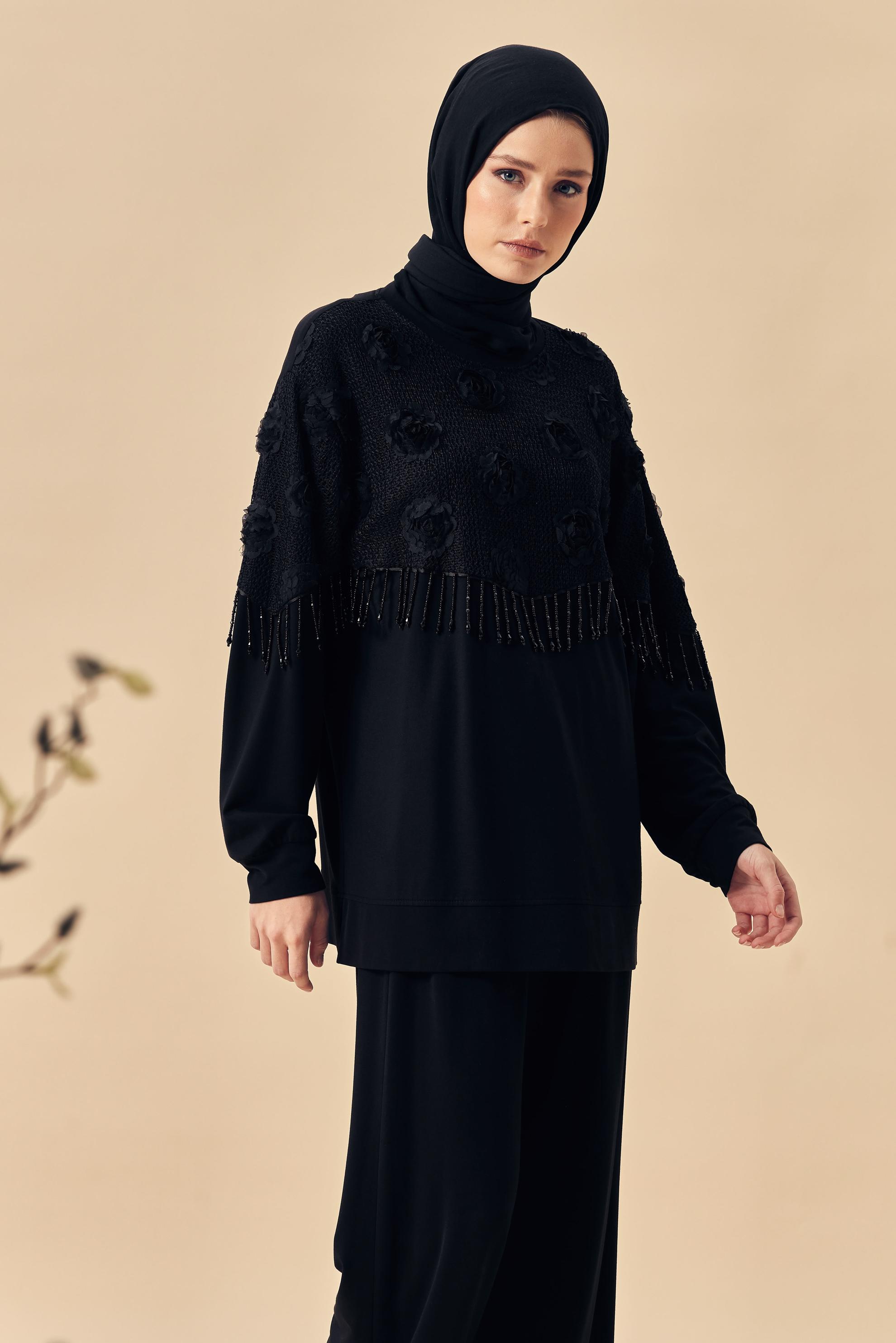 Hijab-Kleidung SCHWARZ TRAININGSANZUG-SET MIT PERLENDETAILS 46336