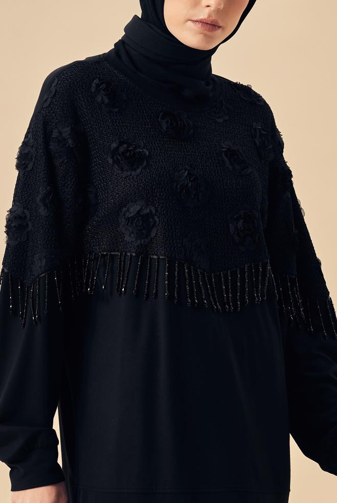 Hijab-Kleidung SCHWARZ TRAININGSANZUG-SET MIT PERLENDETAILS 46336 - ALVİNA