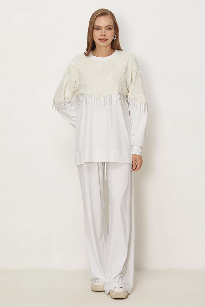 Hijab-Kleidung WEISS TRAININGSANZUG-SET MIT PERLENDETAILS 46336 - ALVİNA