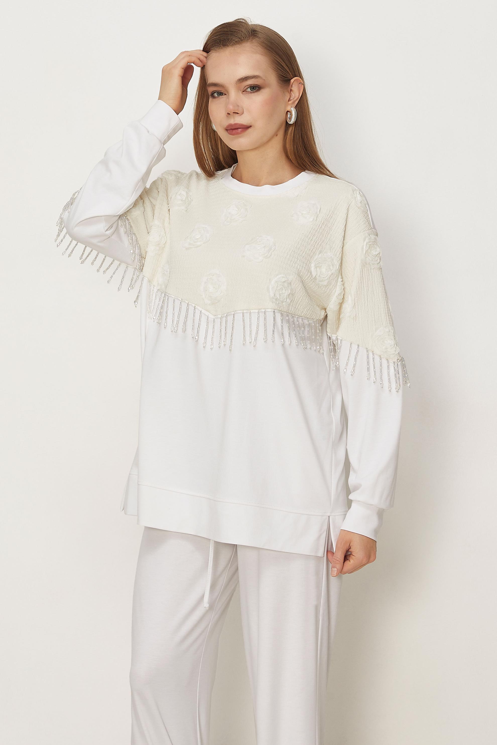 Hijab-Kleidung WEISS TRAININGSANZUG-SET MIT PERLENDETAILS 46336