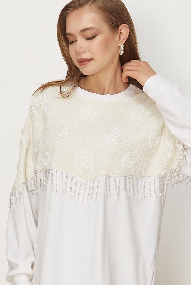 Hijab-Kleidung WEISS TRAININGSANZUG-SET MIT PERLENDETAILS 46336 - ALVİNA