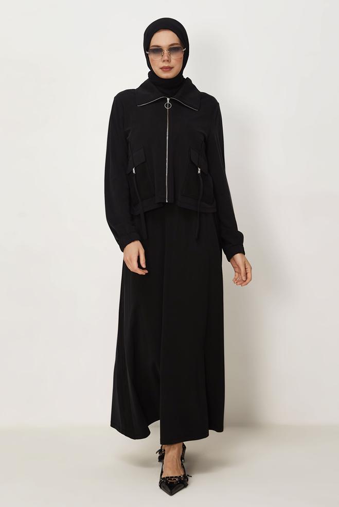 Hijab-Kleidung SCHWARZ TRAININGSANZUG-SET MIT RÖCKEN 46338 - ALVİNA