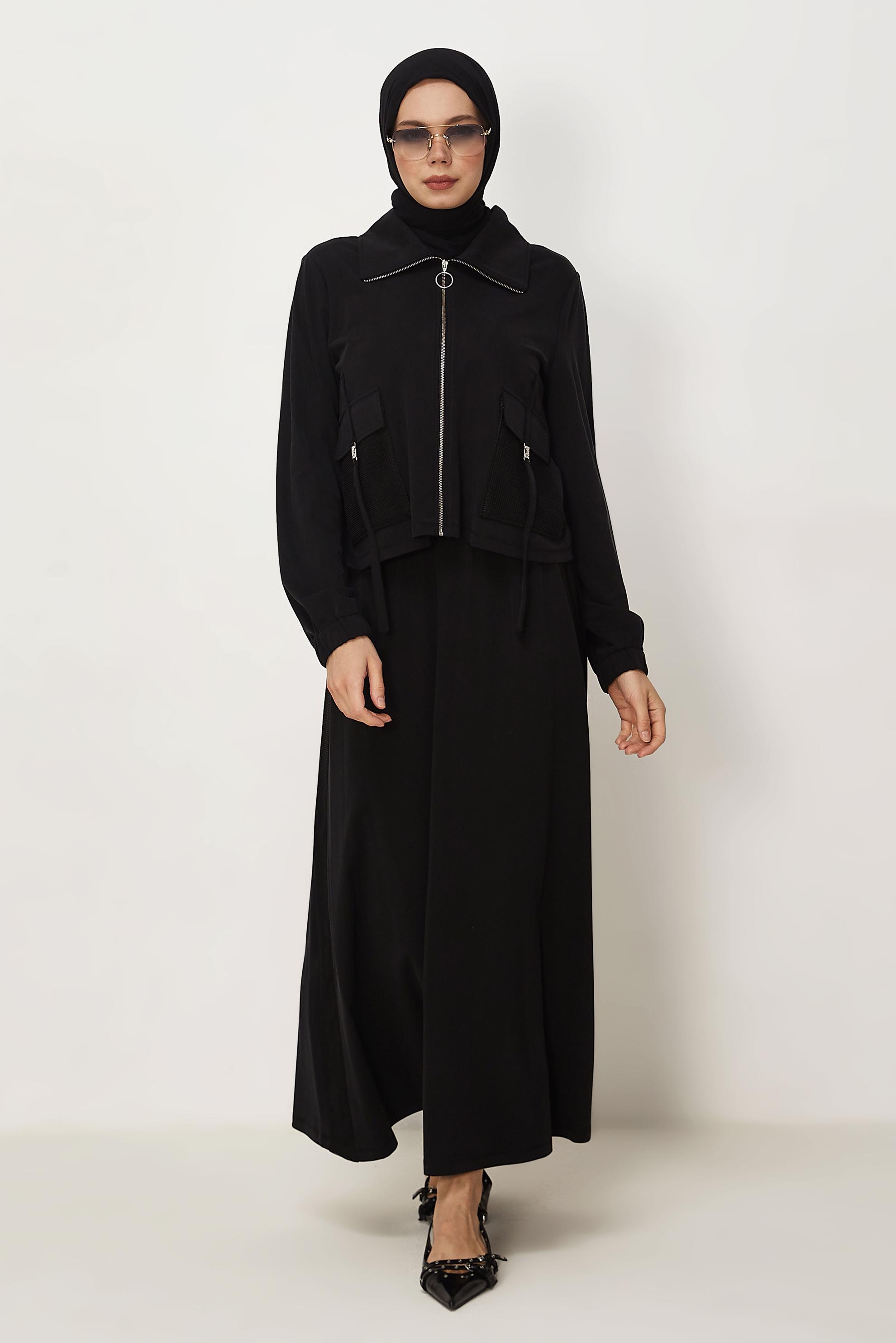 Hijab-Kleidung SCHWARZ TRAININGSANZUG-SET MIT RÖCKEN 46338