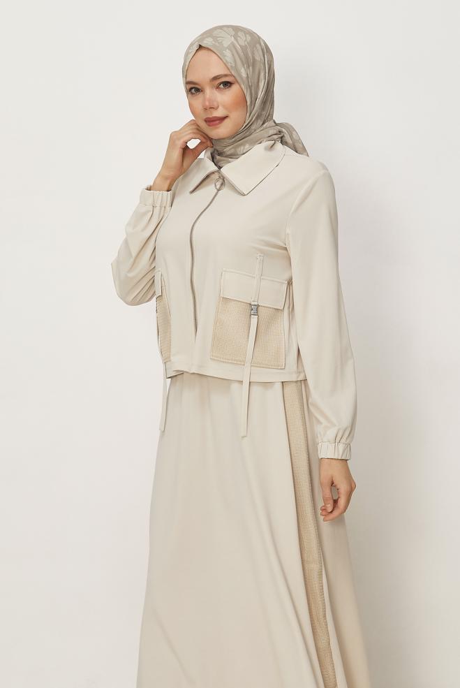 Hijab-Kleidung BEIGE TRAININGSANZUG-SET MIT RÖCKEN 46338 - ALVİNA