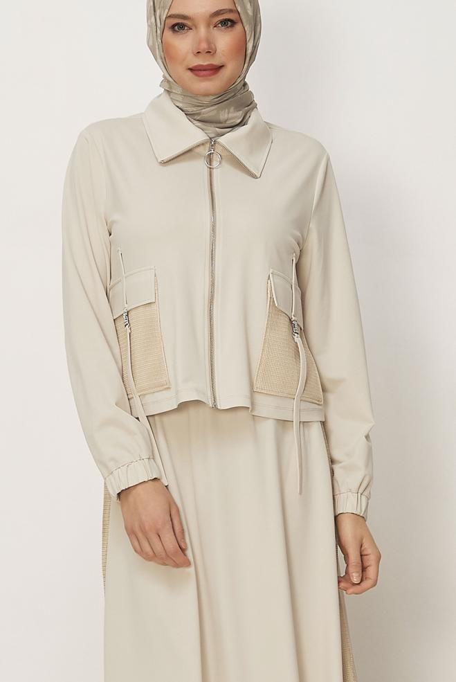 Hijab-Kleidung BEIGE TRAININGSANZUG-SET MIT RÖCKEN 46338 - ALVİNA