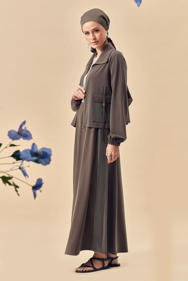 Hijab-Kleidung BRAUN TRAININGSANZUG-SET MIT RÖCKEN 46338 - ALVİNA