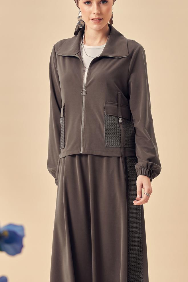 Hijab-Kleidung BRAUN TRAININGSANZUG-SET MIT RÖCKEN 46338 - ALVİNA