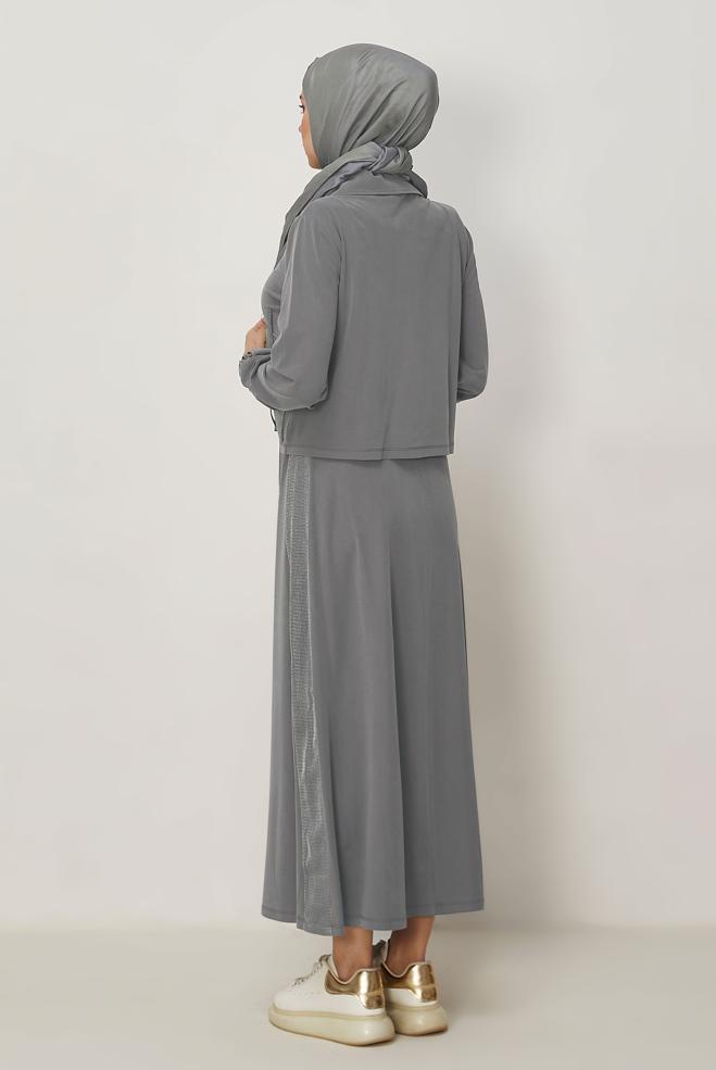 Hijab-Kleidung GRAU TRAININGSANZUG-SET MIT RÖCKEN 46338 - ALVİNA