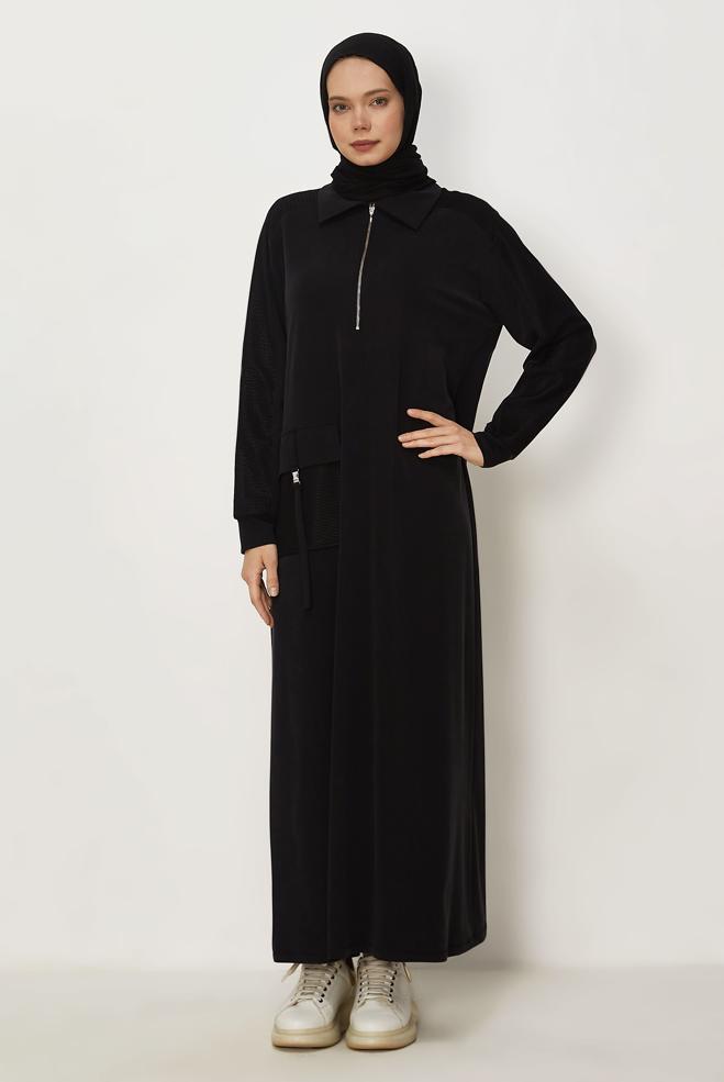 Vêtements hijab NOIR ROBE DE SURVÊTEMENT À COL CHEMISE 46339 - ALVİNA